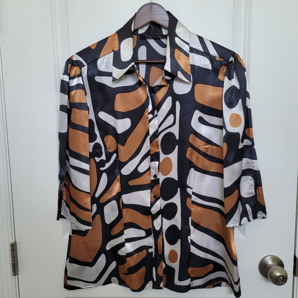 Violet & Claire Tops - Violet & Claire Brown, Black, White Button Down Collared Silky Shirt Blouse L
